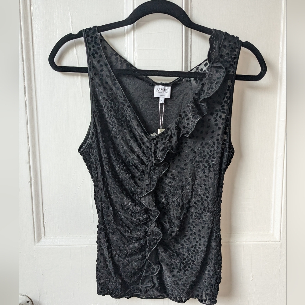 Vintage NWT Armani Black Velvet Sheer Ruffle Top - Size 6